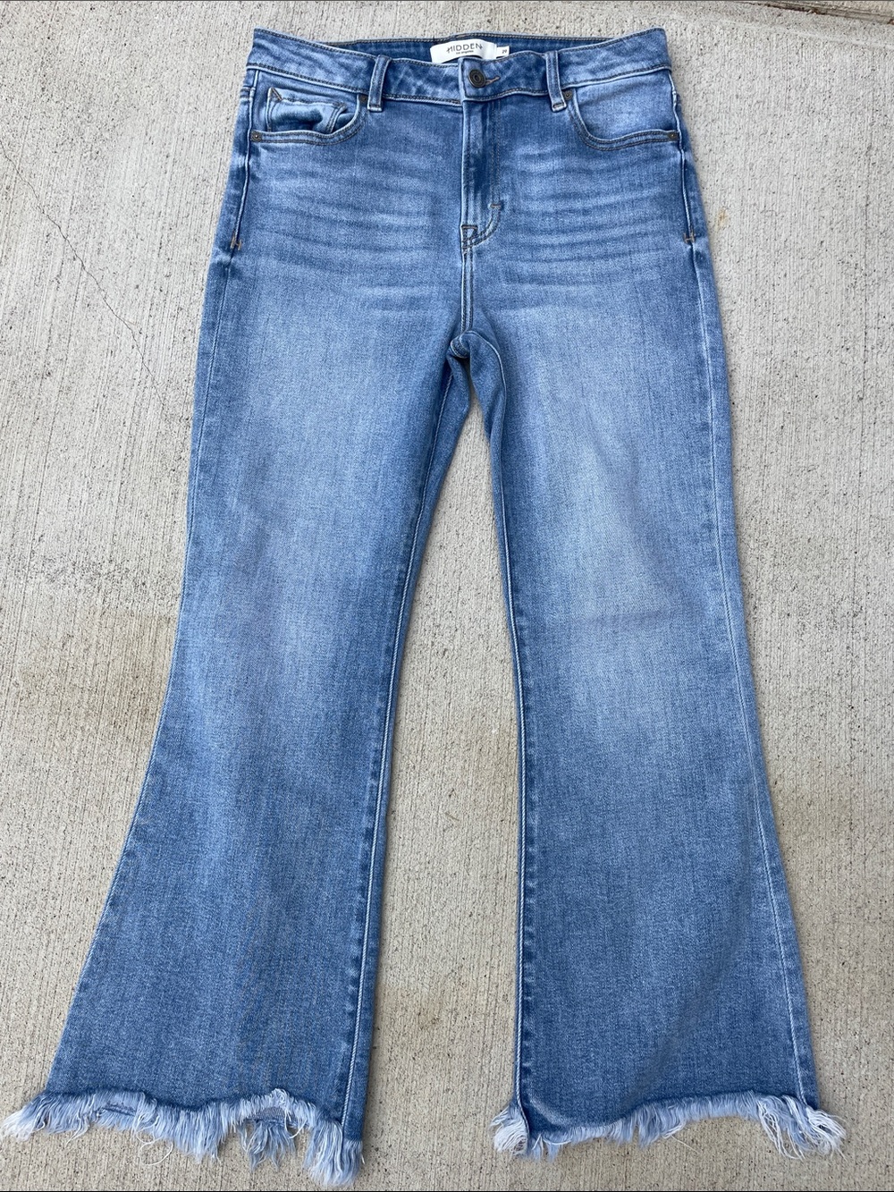 Hidden Mid Blue Frayed-Hem Wide Leg  Jeans